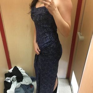 Floor length, tight, navy and silver dress